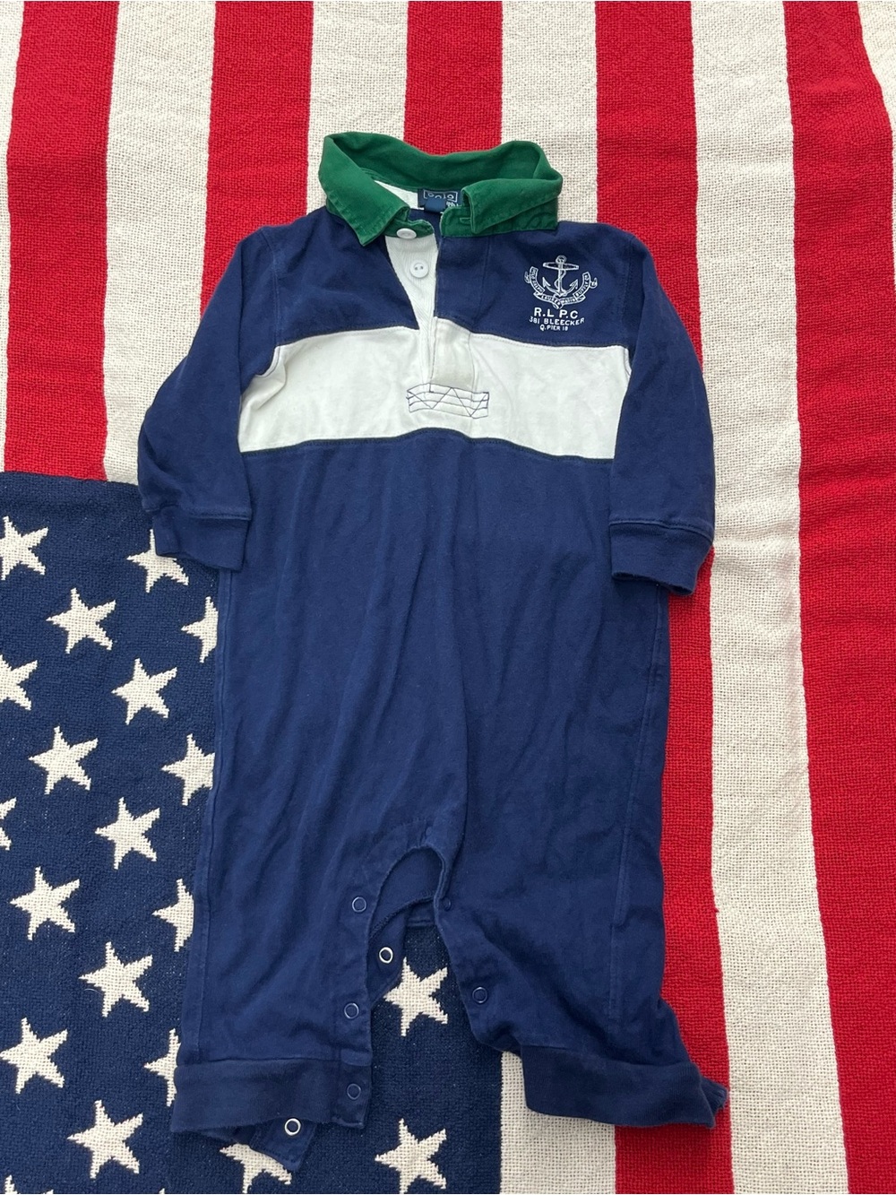 Polo by Ralph Lauren Navy White Green Rugby One-Piece Romper Size 18 Months